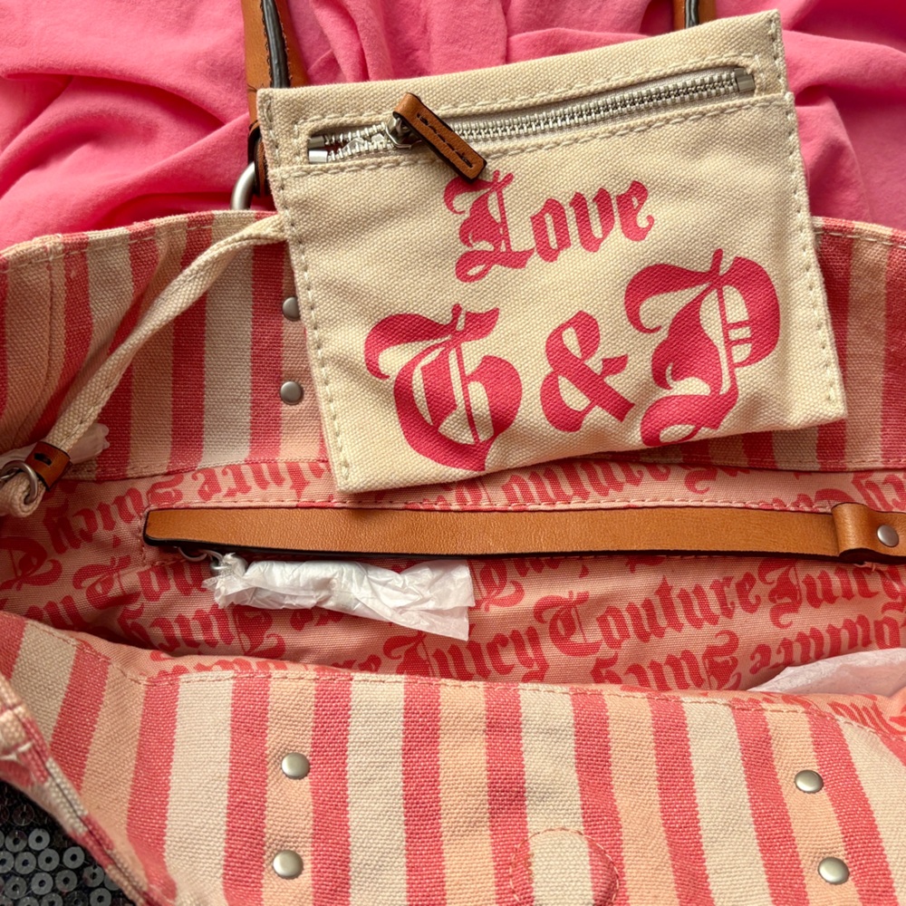 Vintage Y2K Juicy Couture Pink Stripe Sequin Butterfly Tote Bag + Umbrella NWT - Picture 4 of 5